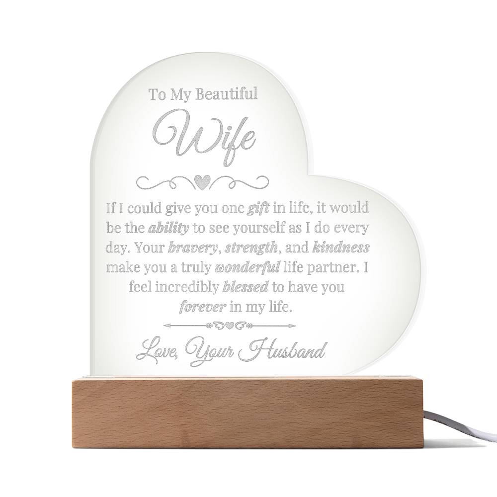 To My Beautiful Wife Engraved Acrylic Heart LED Base