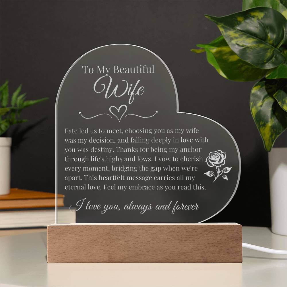 To My Beautiful Wife - Deeply in Love - Engraved Acrylic Heart LED Base