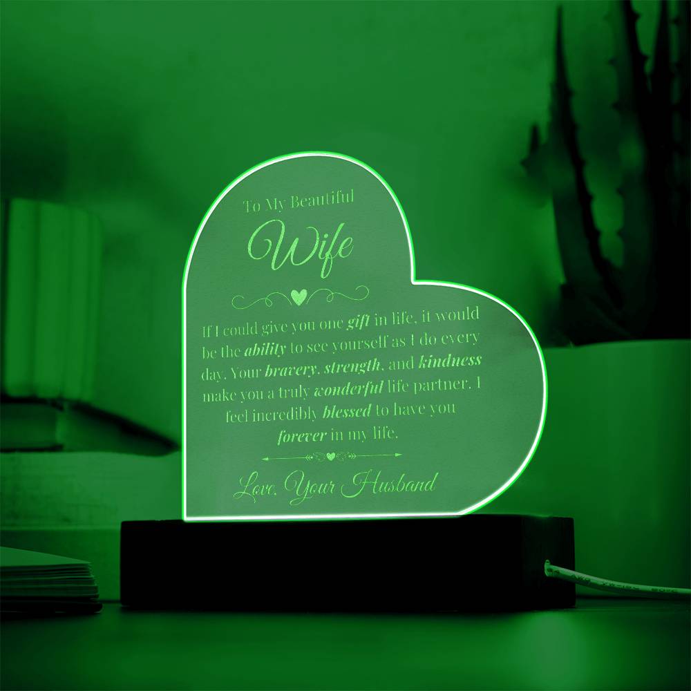 To My Beautiful Wife Engraved Acrylic Heart LED Base