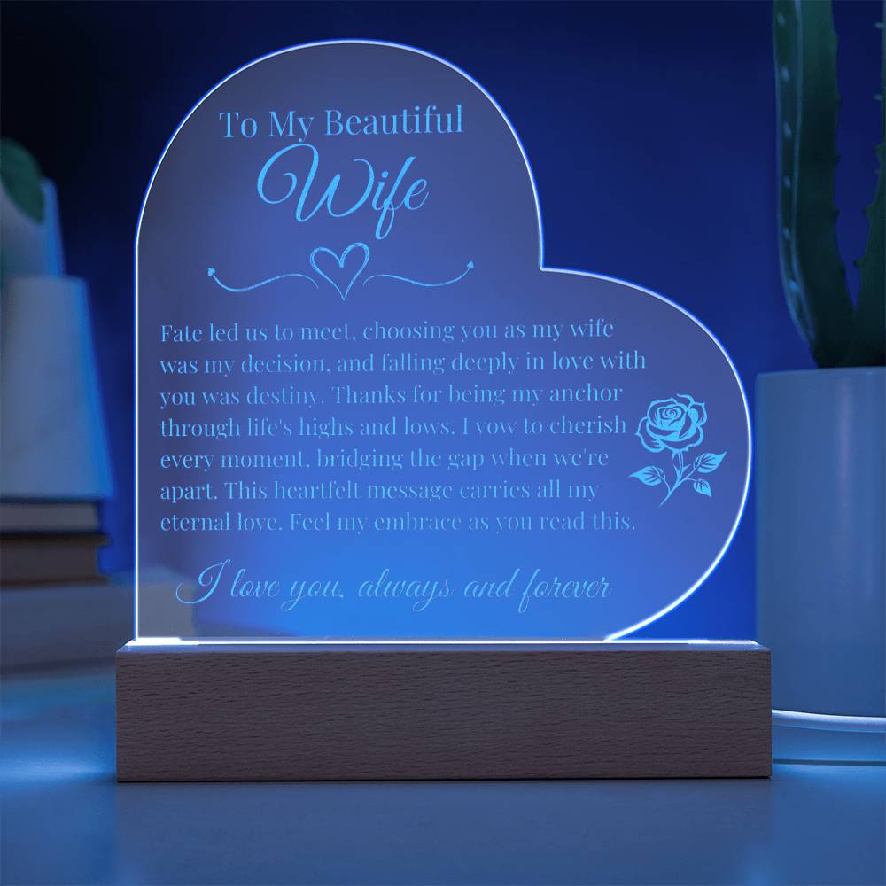 To My Beautiful Wife - Deeply in Love - Engraved Acrylic Heart LED Base