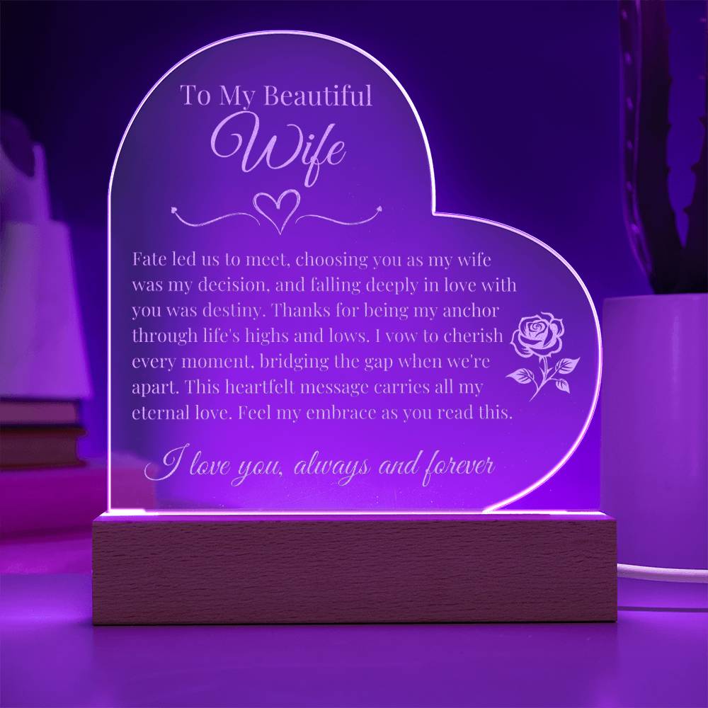 To My Beautiful Wife - Deeply in Love - Engraved Acrylic Heart LED Base