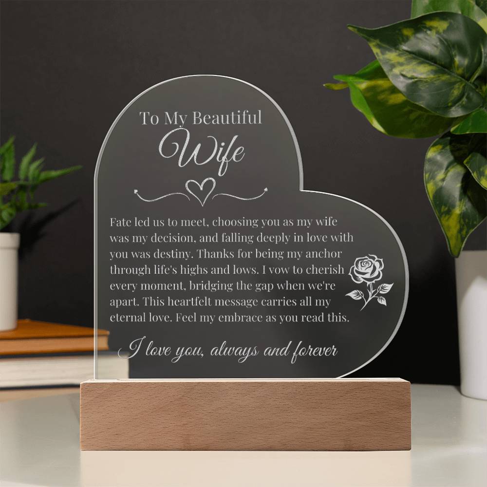 To My Beautiful Wife - Deeply in Love - Engraved Acrylic Heart LED Base