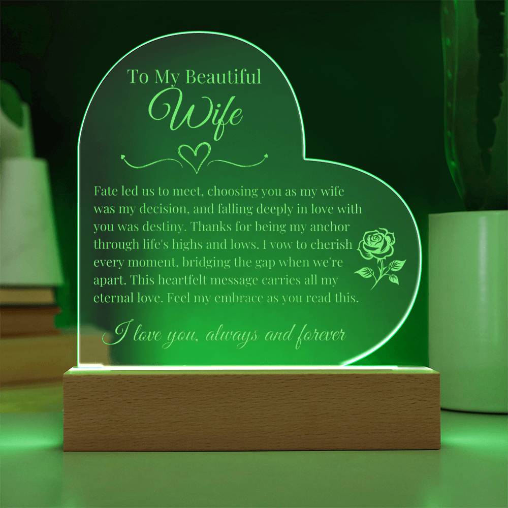 To My Beautiful Wife - Deeply in Love - Engraved Acrylic Heart LED Base