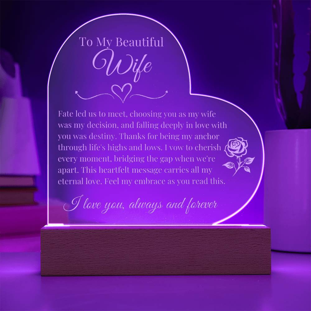 To My Beautiful Wife - Deeply in Love - Engraved Acrylic Heart LED Base
